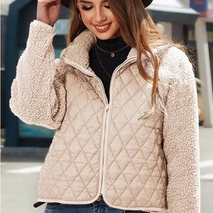 Women's Beige Quilted Jacket with Sherpa Sleeves